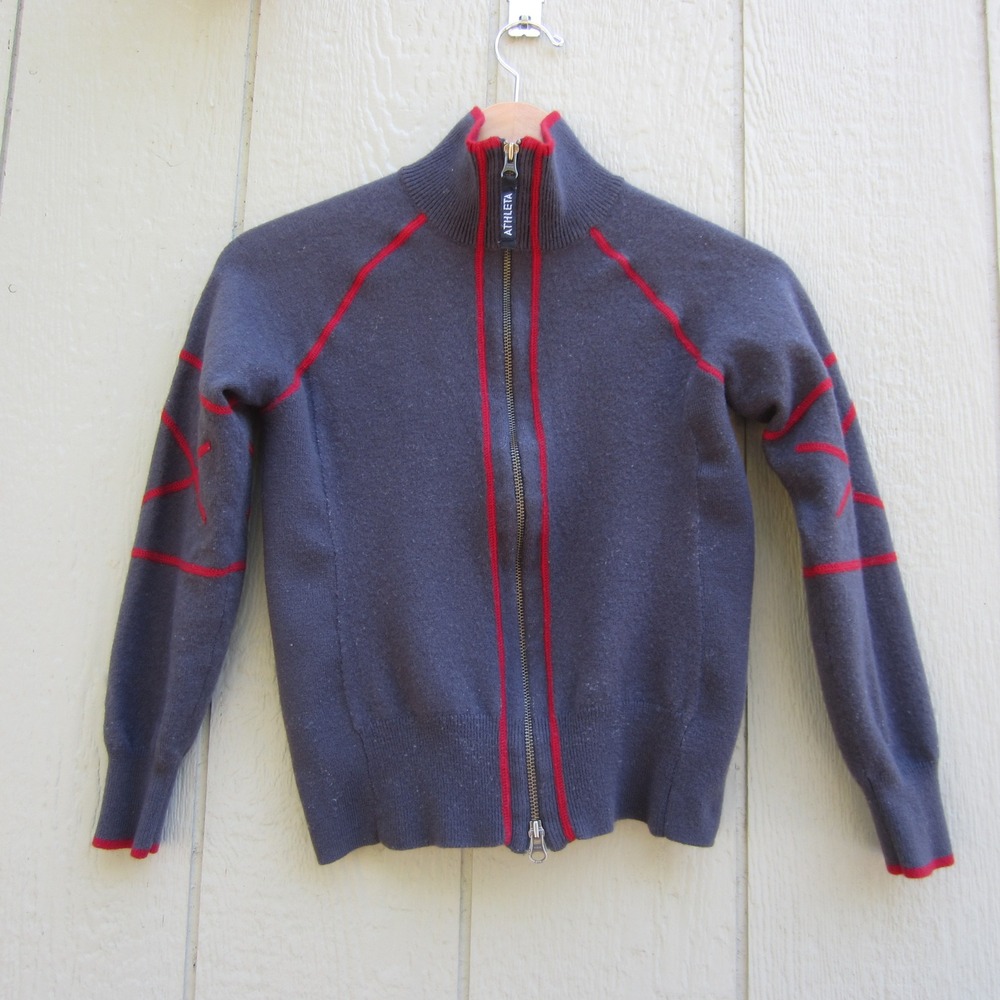 Athleta Women's Full Zip Merino Wool Blend Sweater Jacket Gray Red Stitch Size S